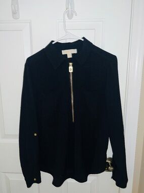 Michael Kors Black Gold Half Dog Tag Zip Blouse with Roll Up Sleeves Size Medium